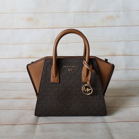 Michael Kors Signature Logo Avril Top Zip Satchel/Crossbody Handbag Small Brown - Picture 2 of 16